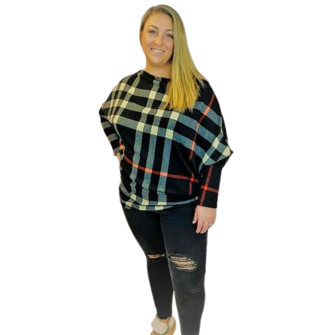 Buffalo Plaid Off Shoulder Sweater (Black)