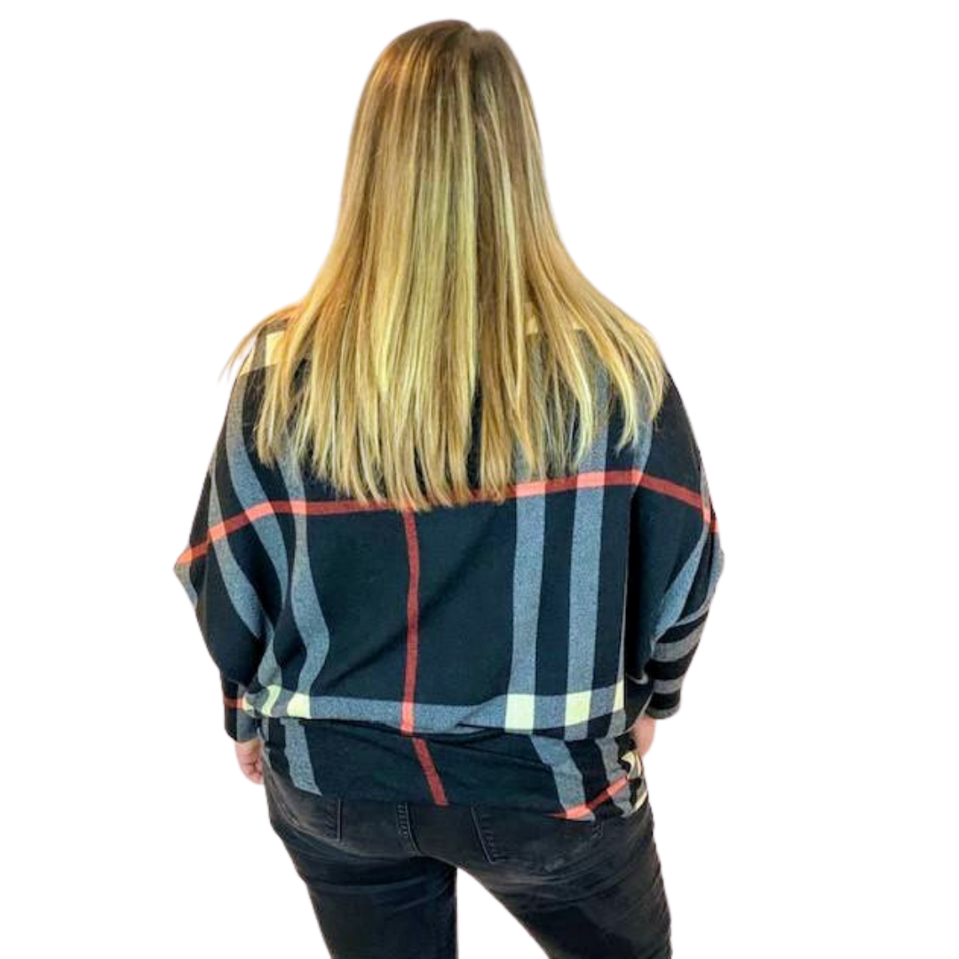 Buffalo Plaid Off Shoulder Sweater (Black)