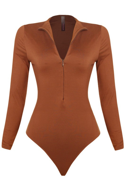 Cognac Zipper Down Long Sleeve Bodysuit