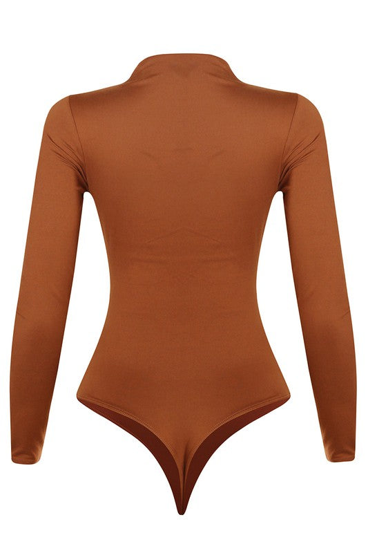 Cognac Zipper Down Long Sleeve Bodysuit