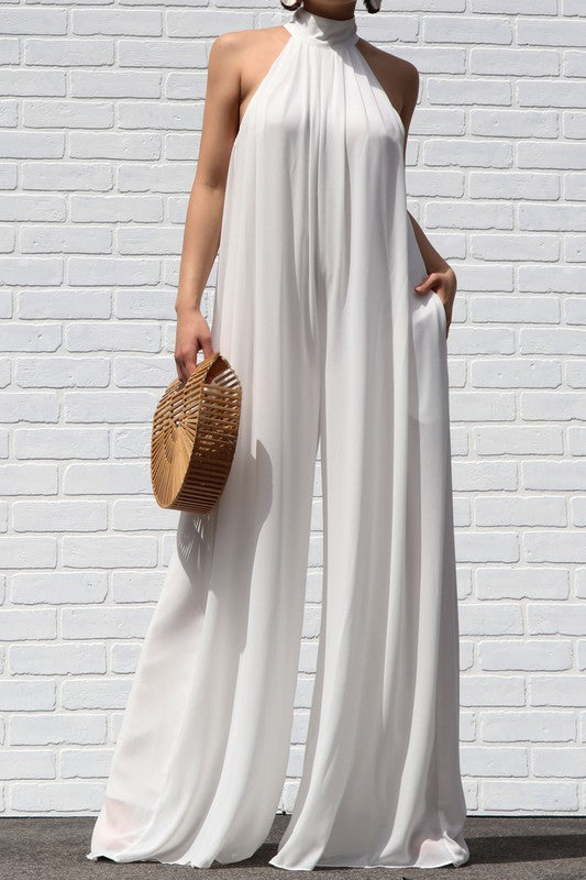 Loose Open Back Chiffon Jumpsuit - White