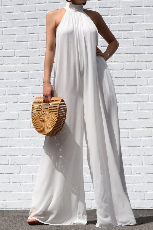 Loose Open Back Chiffon Jumpsuit - White