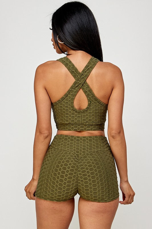 Textured Crop Top Activewear Short Set