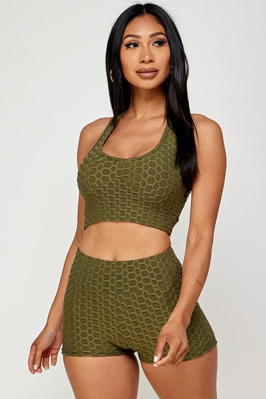 Textured Crop Top Activewear Short Set