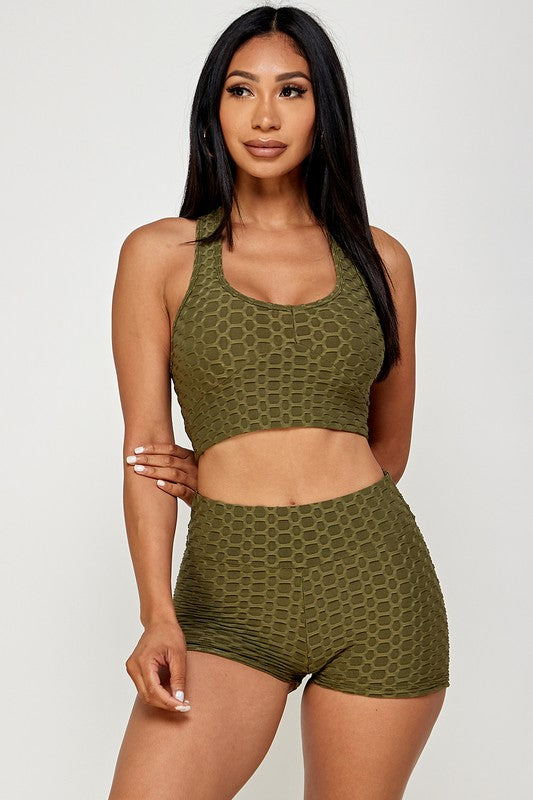 Textured Crop Top Activewear Short Set