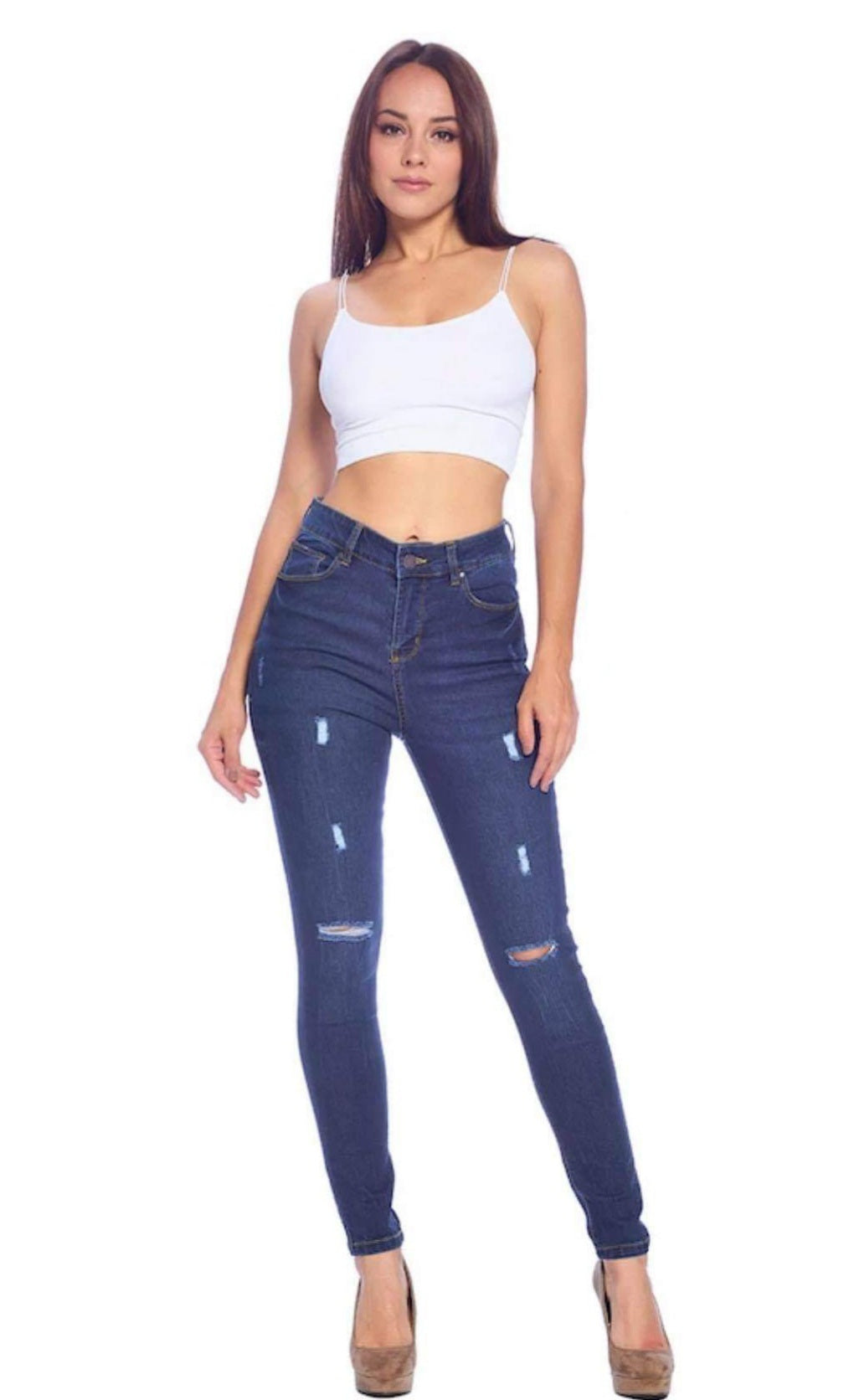 High Rise Ripped Skinny Jeans Dark Wash