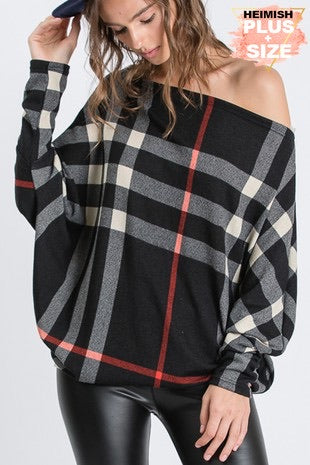 Buffalo Plaid Off Shoulder Sweater (Black)